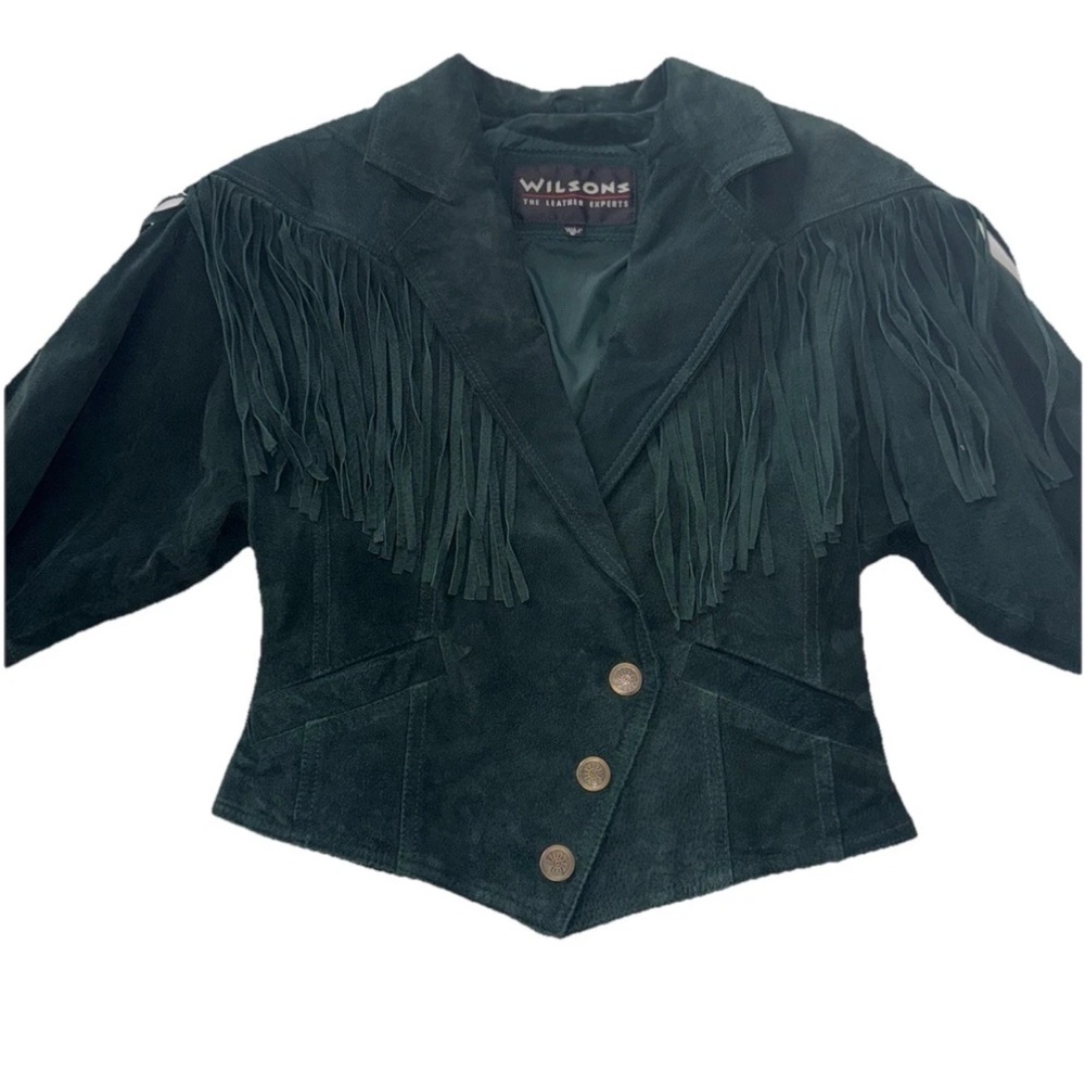 Vintage 90s Wilson Leather Womens fringe Suede Emerald Forest Green Jacket S - Picture 5 of 12